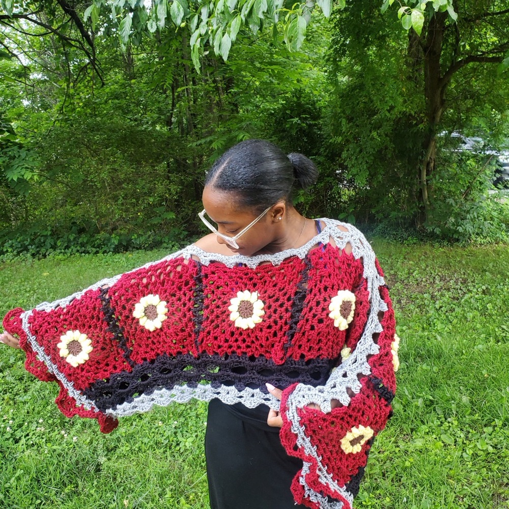 Handmade Burgundy and Black Crochet Poncho